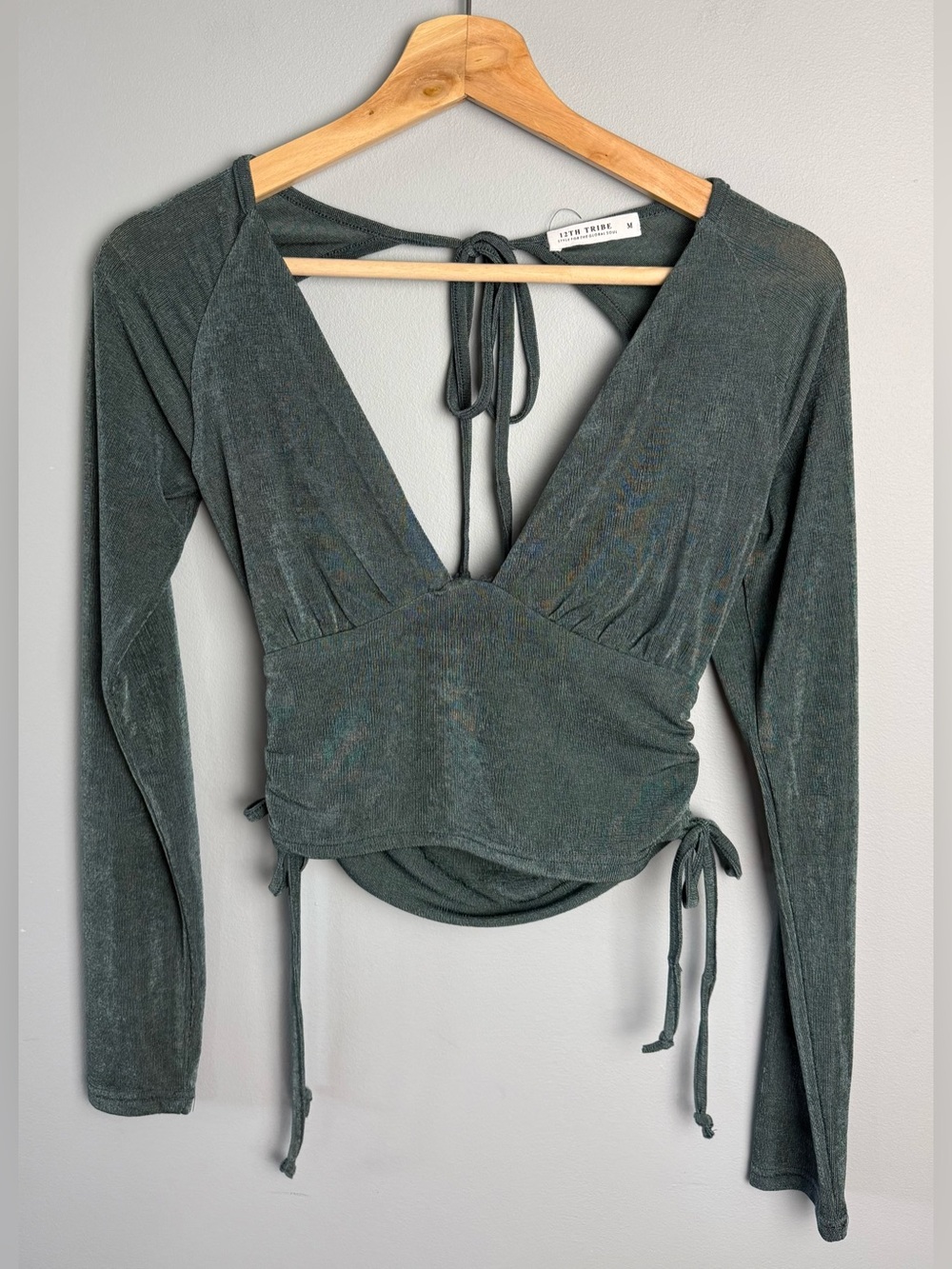 12th Tribe Dark Green Plunging V-Neck Tie-Back Crop Top